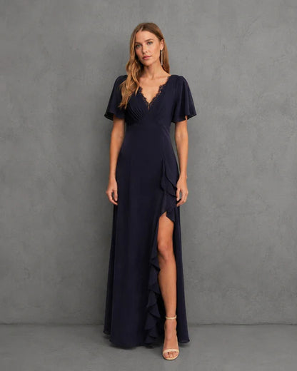 Vestido Largo Fiesta Split Sleeve Ruffle